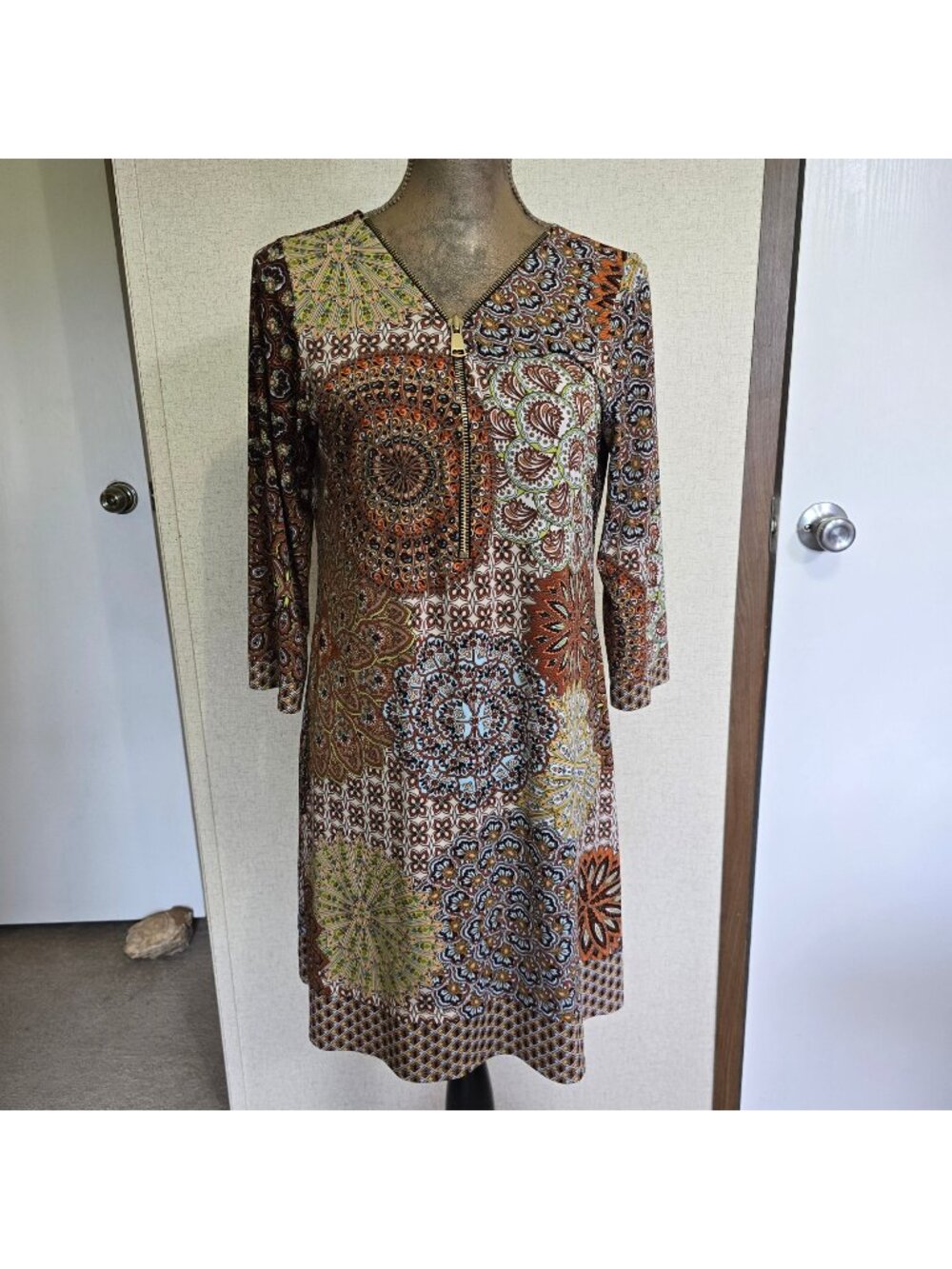 MSK Medium Tunic Mini Dress Orange Brown Boho Geometric Retro